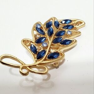 Vintage Jewelry Beautiful Blue Marquis with Brown Rhinestones Leaf Pin Brooch🌴